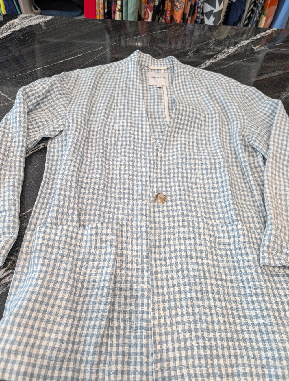 Madewell Light Blue & White Gingham Button-Front Linen Blazer